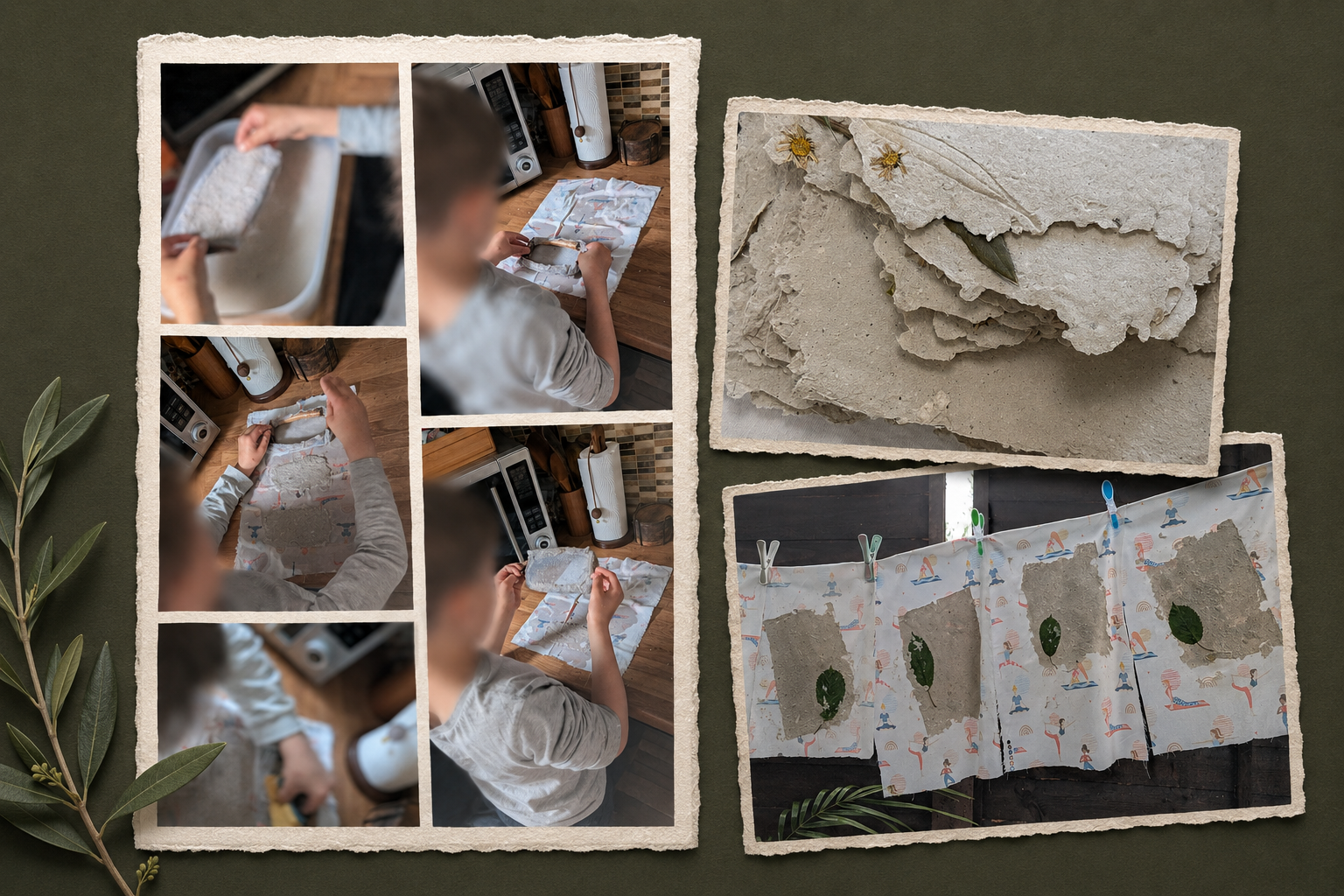 An organic composition showing the home paper-making process, finished handmade paper and sheets drying outdoors