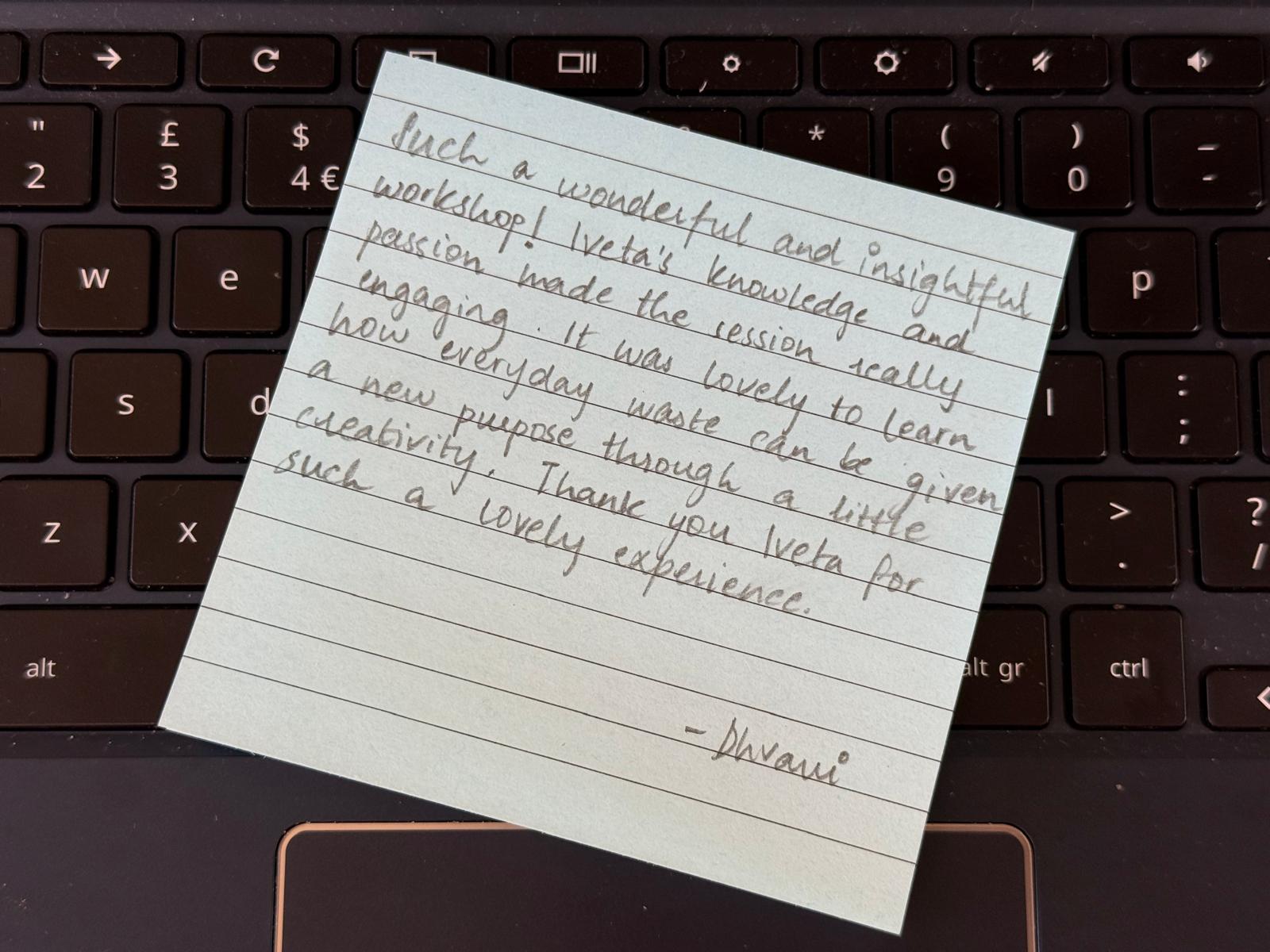 Dhvani Mehta’s handwritten feedback after a Waste to Treasure workshop